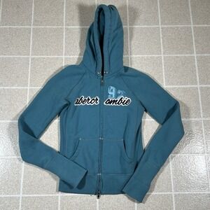 Abercrombie Fitch Hoodie Women XL Aqua Blue Full Zip Spell Out Logo Vtg Y2k